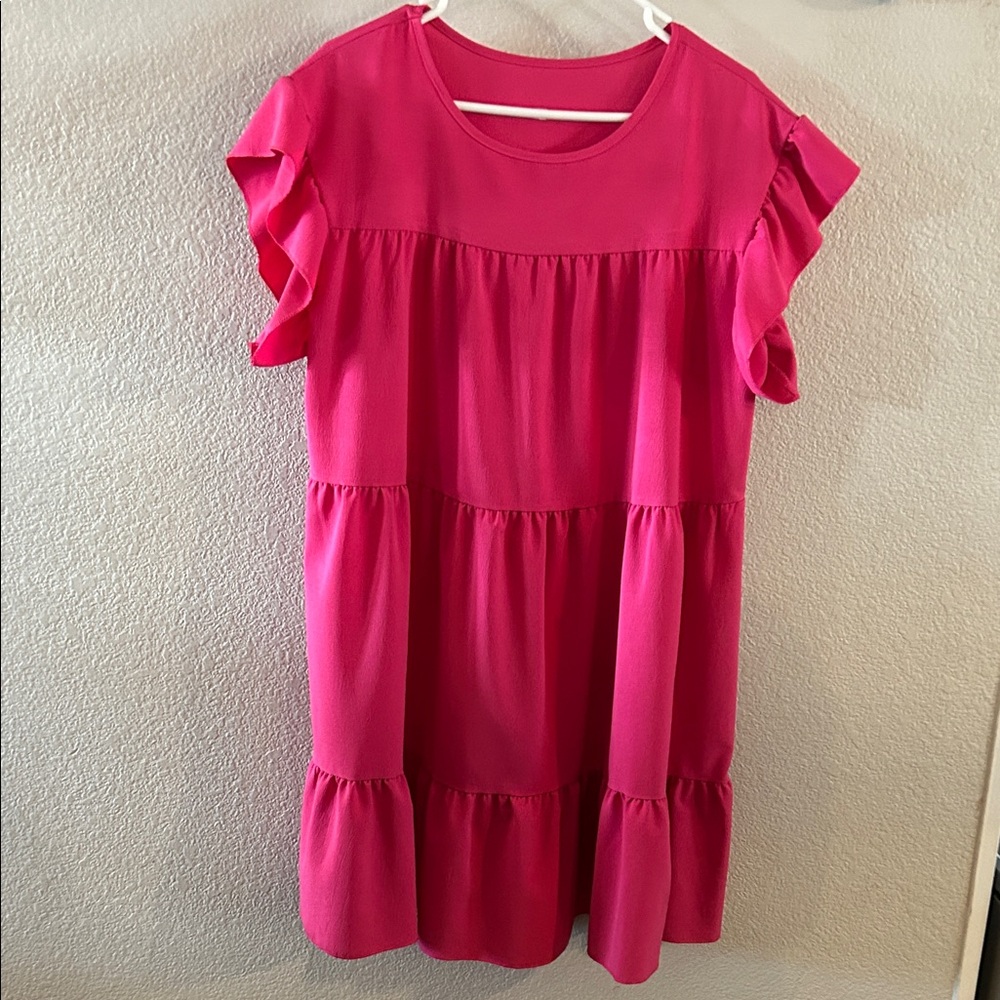 SHEIN Bright Pink Tiered Ruffle Sleeve Dress